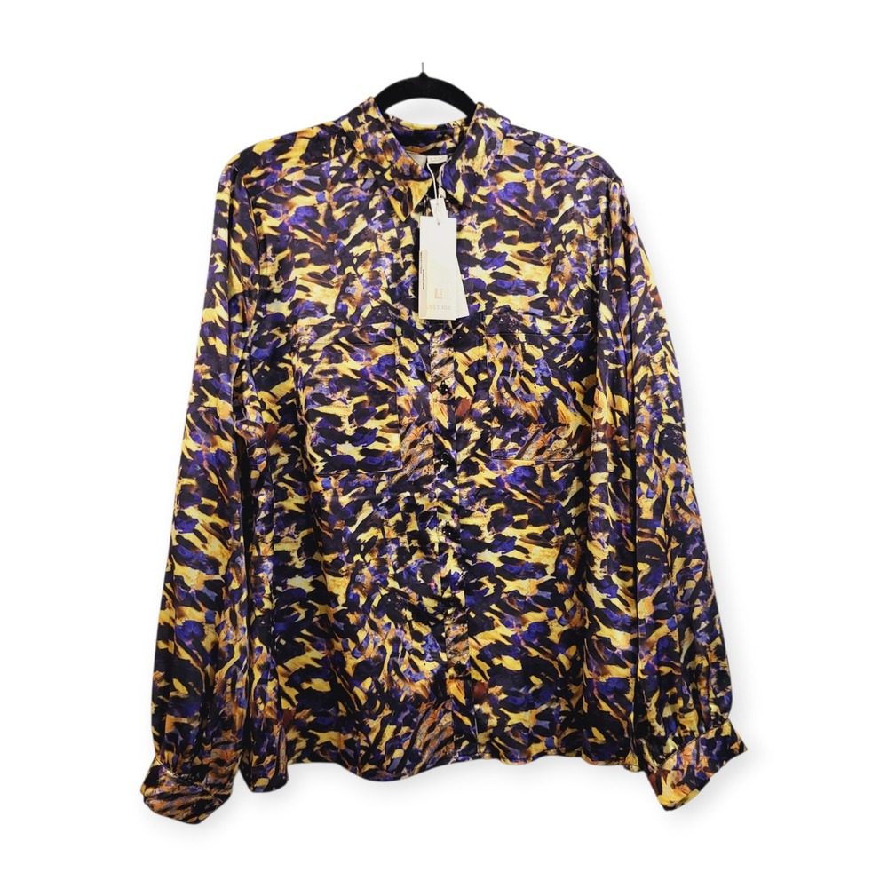 Lost Ink Womens 4X NWT Abstract Painterly Satin Button Down Blouse Purple Yellow